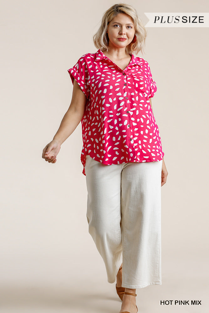 V-neck Dalmatian Print Button Front Top With Pocket Detail