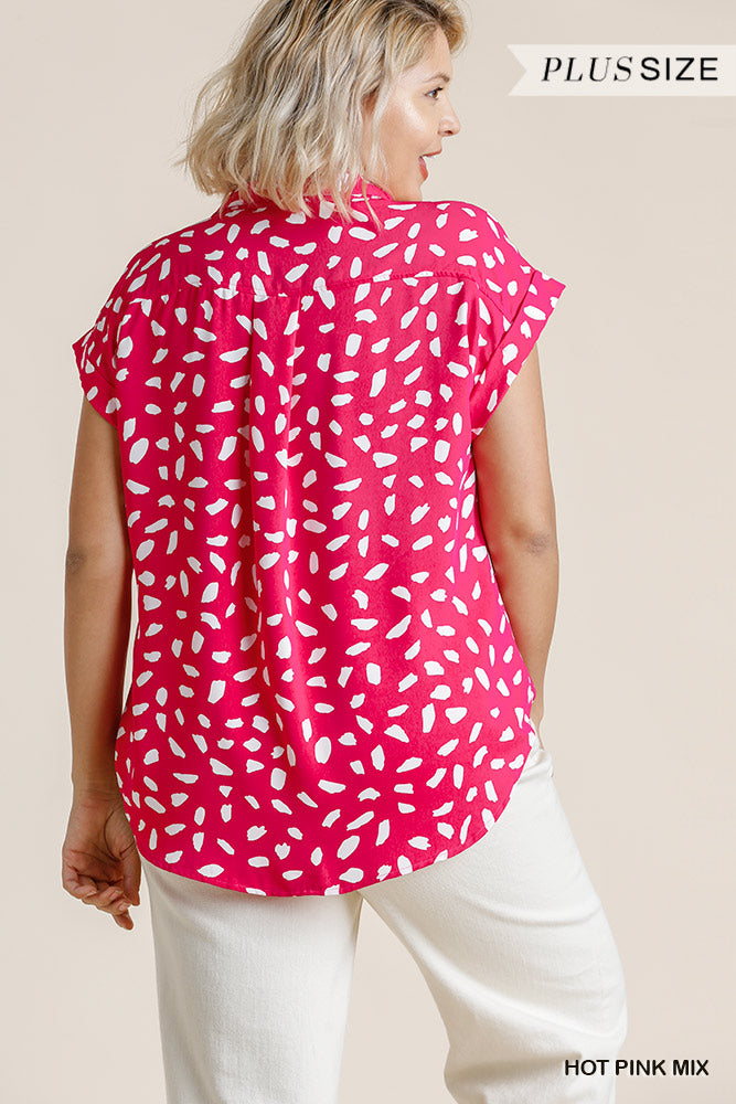 V-neck Dalmatian Print Button Front Top With Pocket Detail