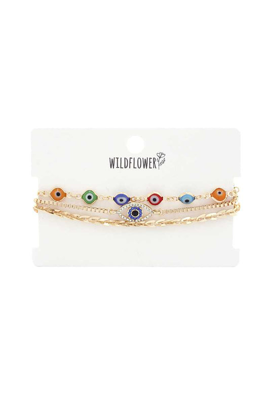 Rhinestone Eye Charm Metal Bracelet Set