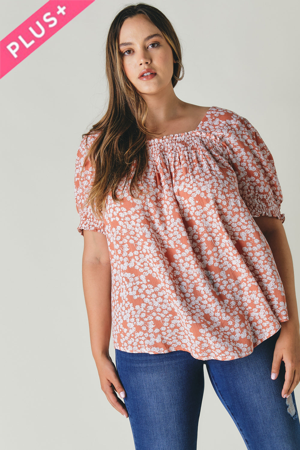 Plus Square Neck Smocked Detail Top