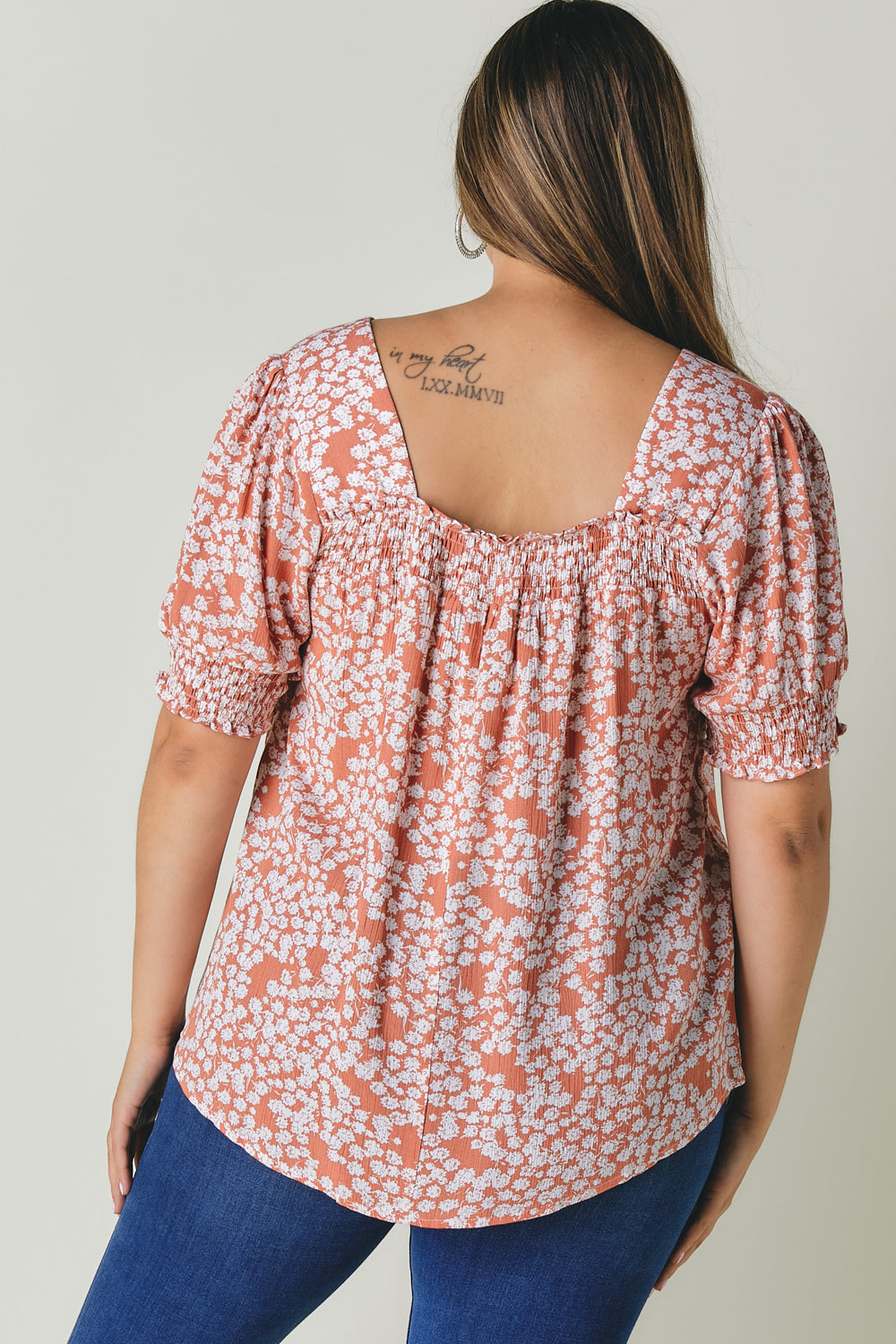Plus Square Neck Smocked Detail Top