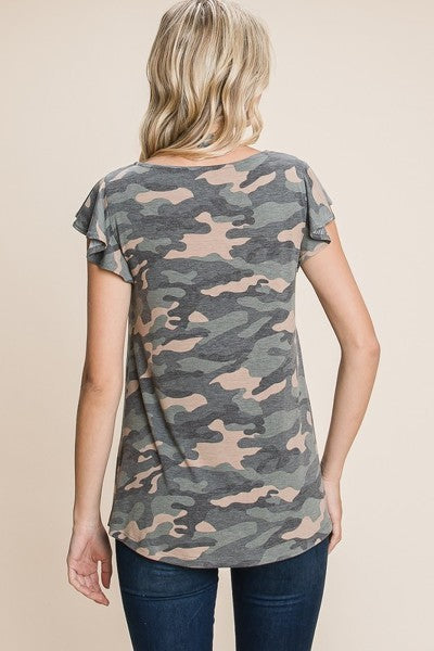 Army Camo Printed Cut Out Neckline Short Flutter Sleeves Casual Basic Top