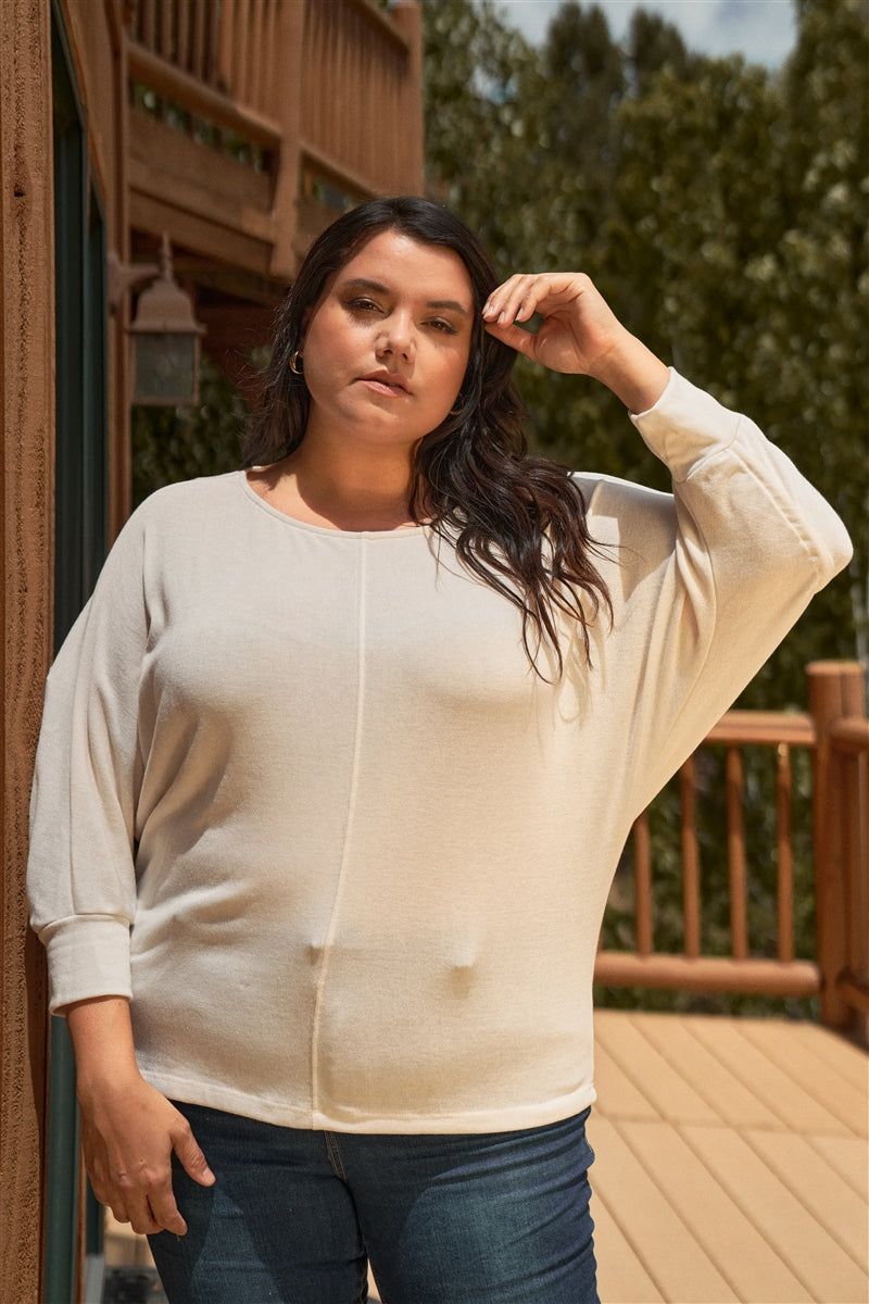 Plus Round Neck Dolman Sleeve Adjustable Draw-string Tie Back Detail Long Sleeve Top