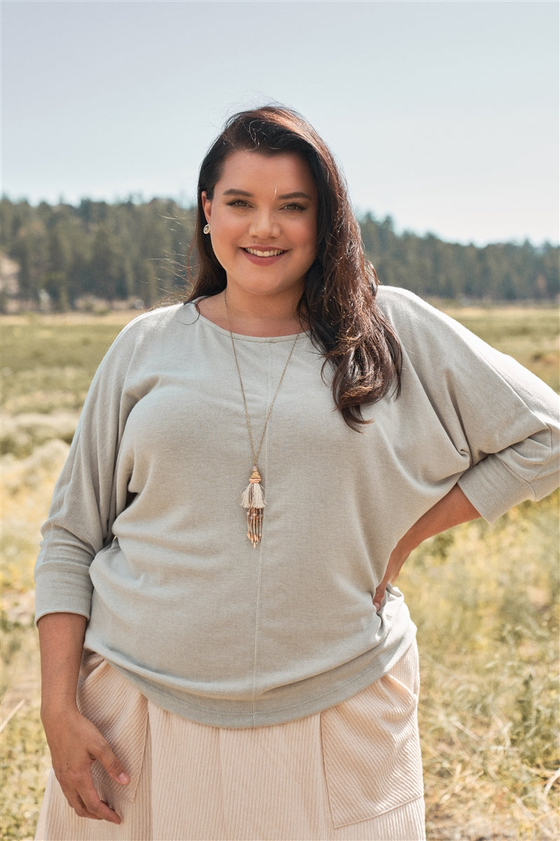 Plus Round Neck Dolman Sleeve Adjustable Draw-string Tie Back Detail Long Sleeve Top
