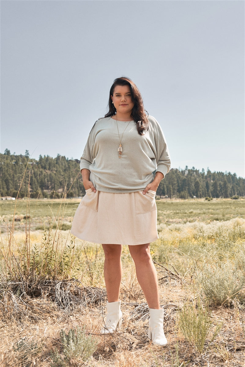 Plus Round Neck Dolman Sleeve Adjustable Draw-string Tie Back Detail Long Sleeve Top