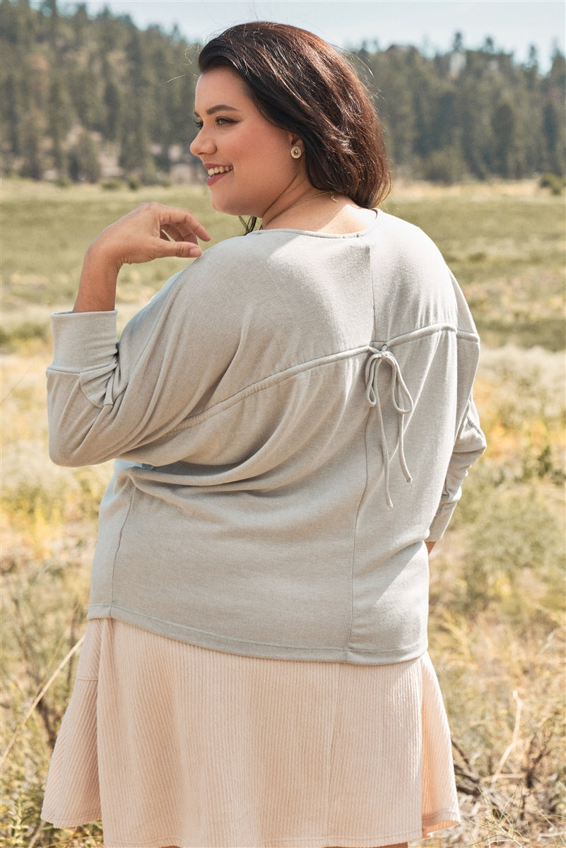 Plus Round Neck Dolman Sleeve Adjustable Draw-string Tie Back Detail Long Sleeve Top