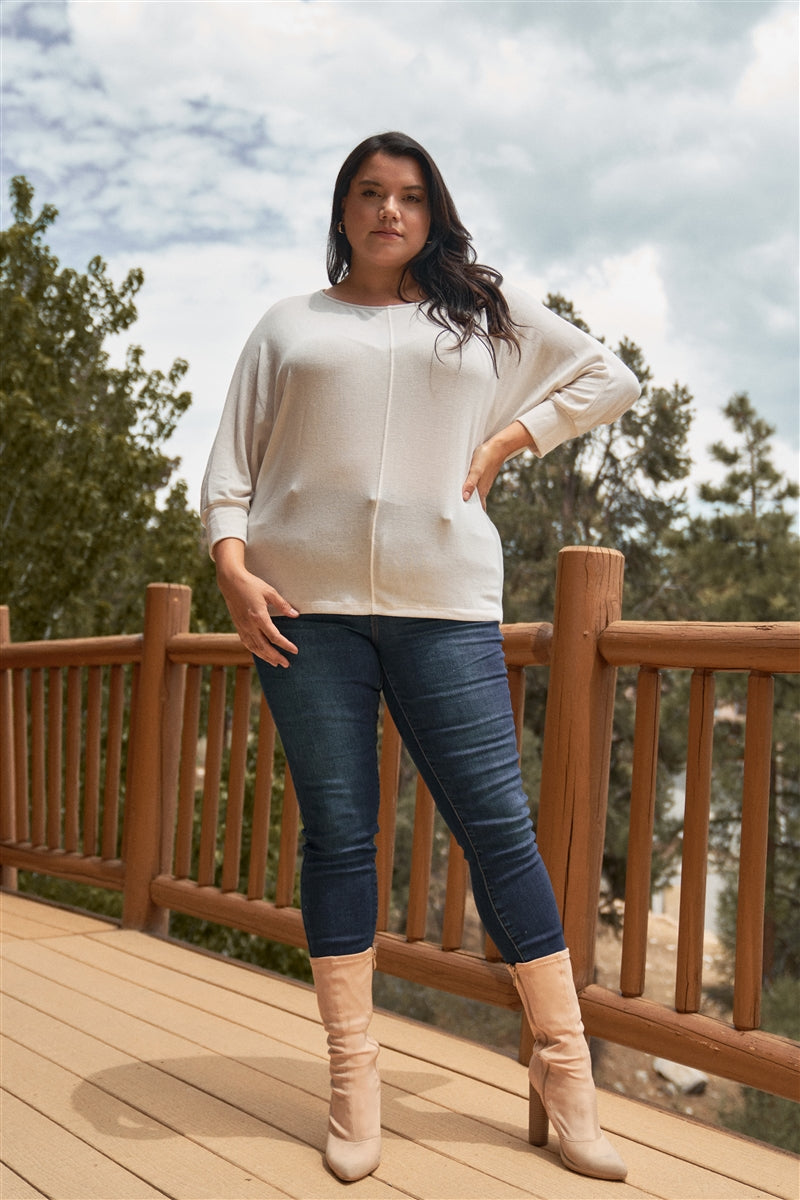 Plus Round Neck Dolman Sleeve Adjustable Draw-string Tie Back Detail Long Sleeve Top