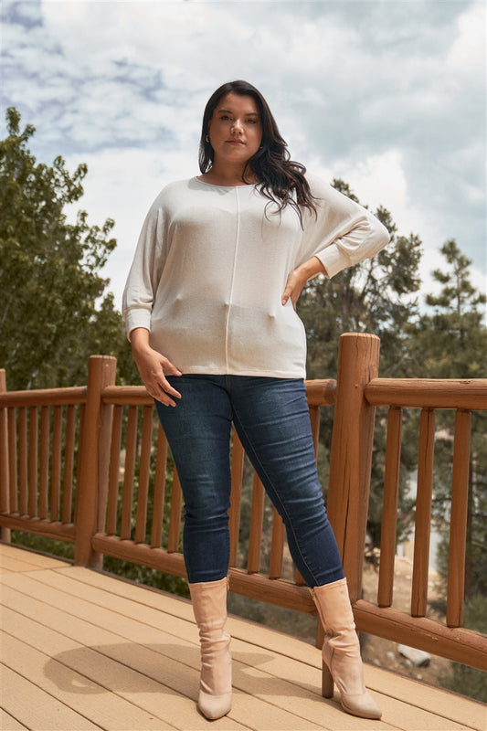 Plus Round Neck Dolman Sleeve Adjustable Draw-string Tie Back Detail Long Sleeve Top