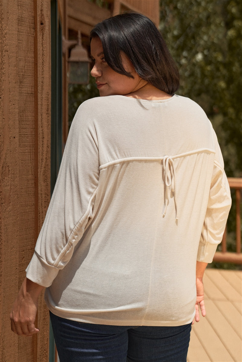 Plus Round Neck Dolman Sleeve Adjustable Draw-string Tie Back Detail Long Sleeve Top