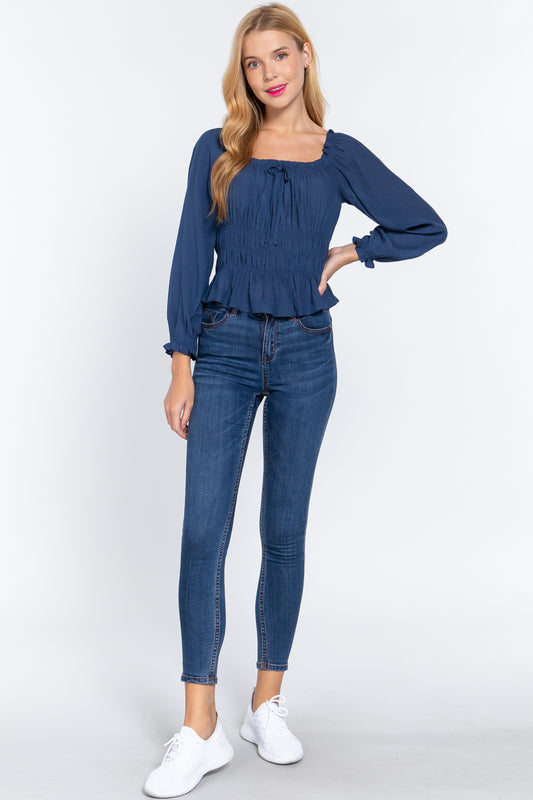 Long Slv Smocking Woven Top