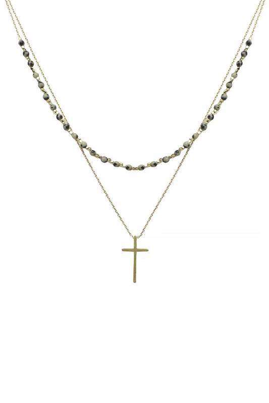 2 Layered Metal Chain Seed Bead Cross Pendant Necklace