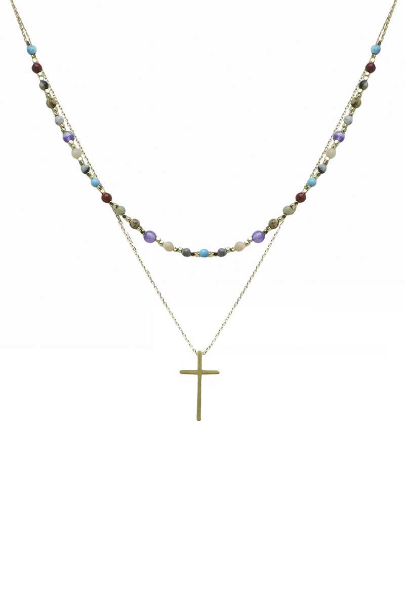 2 Layered Metal Chain Seed Bead Cross Pendant Necklace