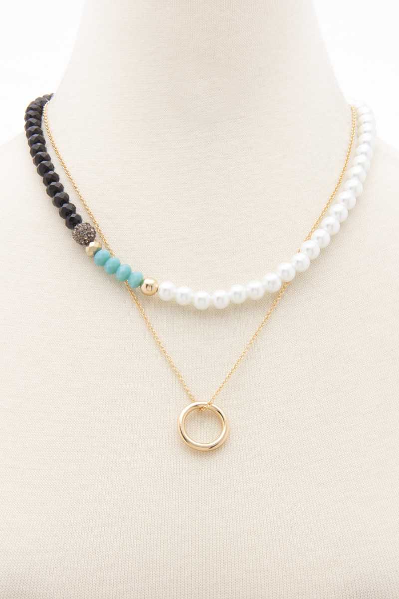 Crystal Pearl Mix Bead 2 Layered Metal Chain Round Pendant Necklace