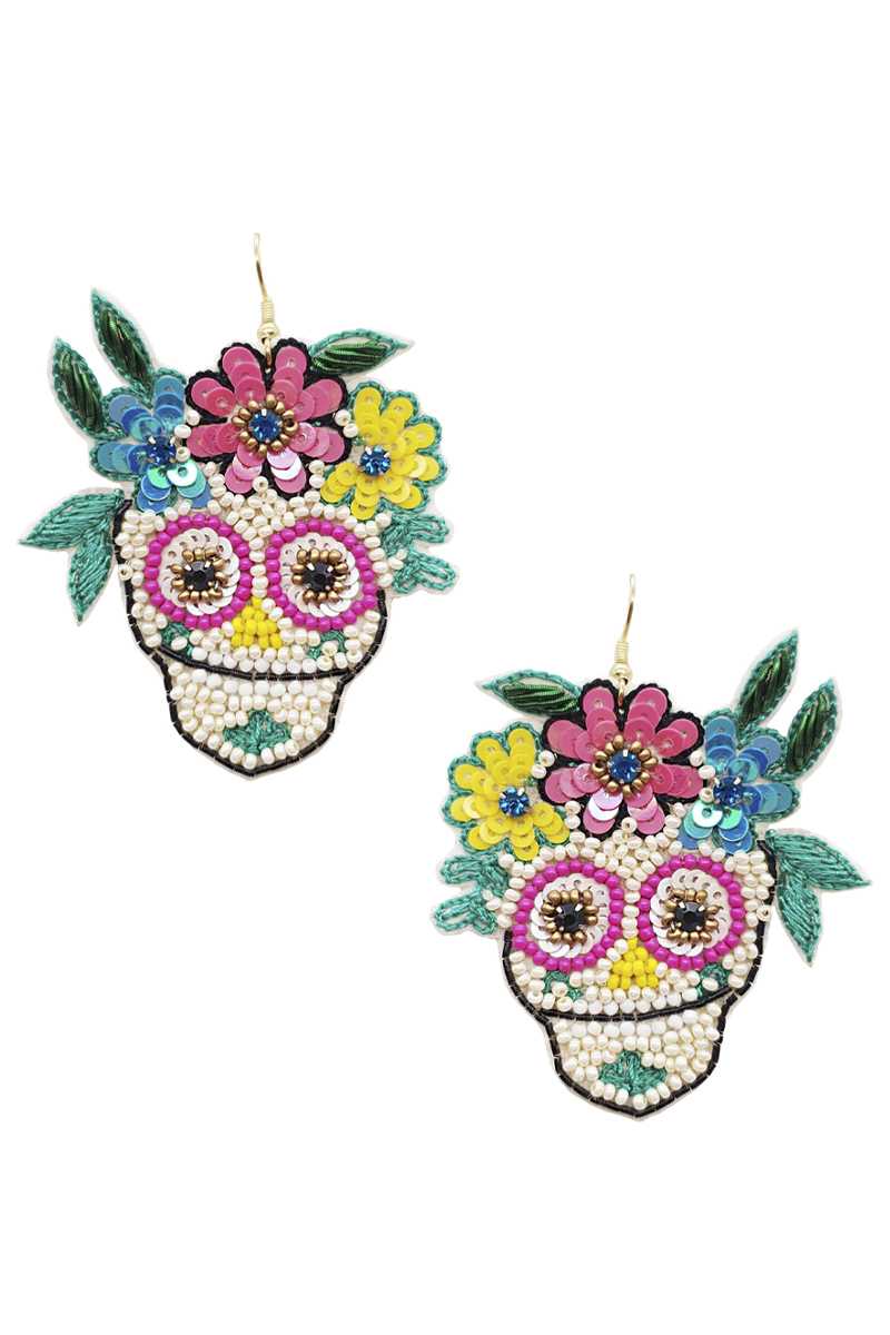 Seed Bead Sequin Day Of The Dead Sugar Skull Dangle Earring