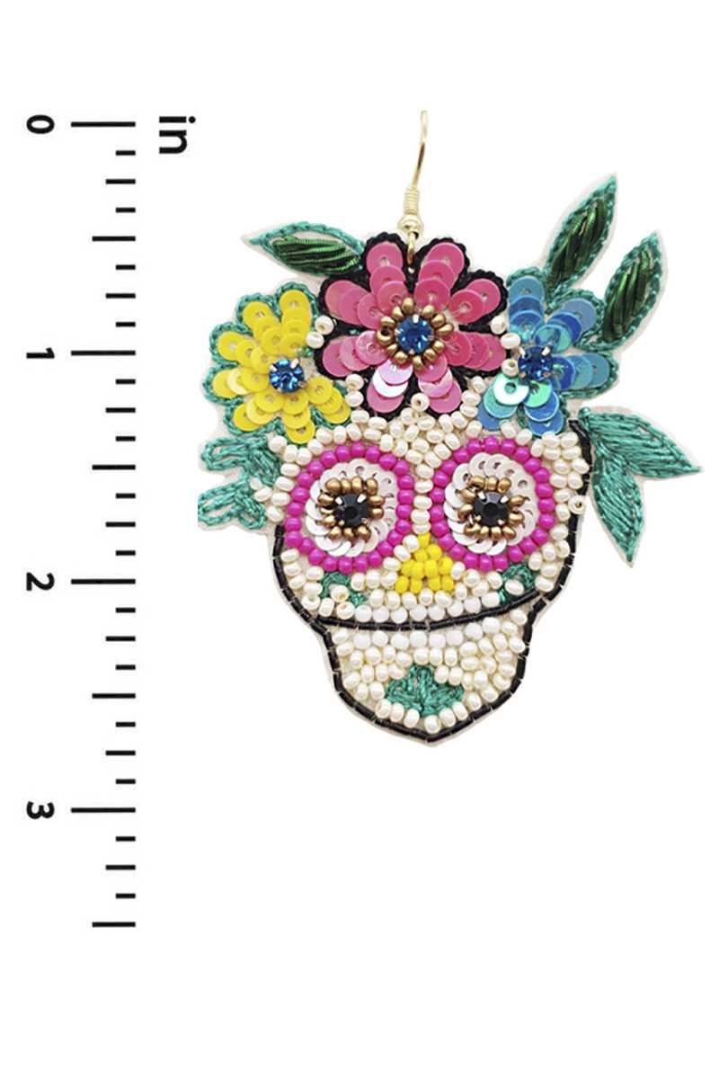 Seed Bead Sequin Day Of The Dead Sugar Skull Dangle Earring
