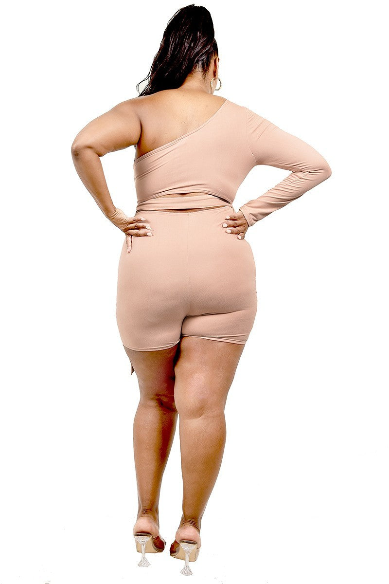 Plus Solid One Shoulder Belted Romper