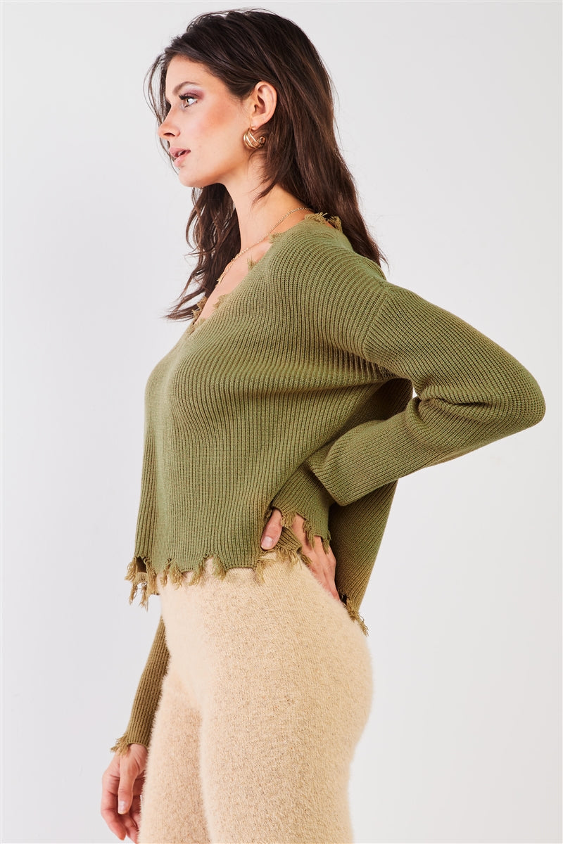 Fern Green Knit Drop Shoulder Long Sleeve V-neck Distressed Fringe Hem Crop Sweater