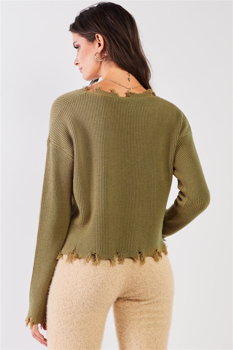 Fern Green Knit Drop Shoulder Long Sleeve V-neck Distressed Fringe Hem Crop Sweater