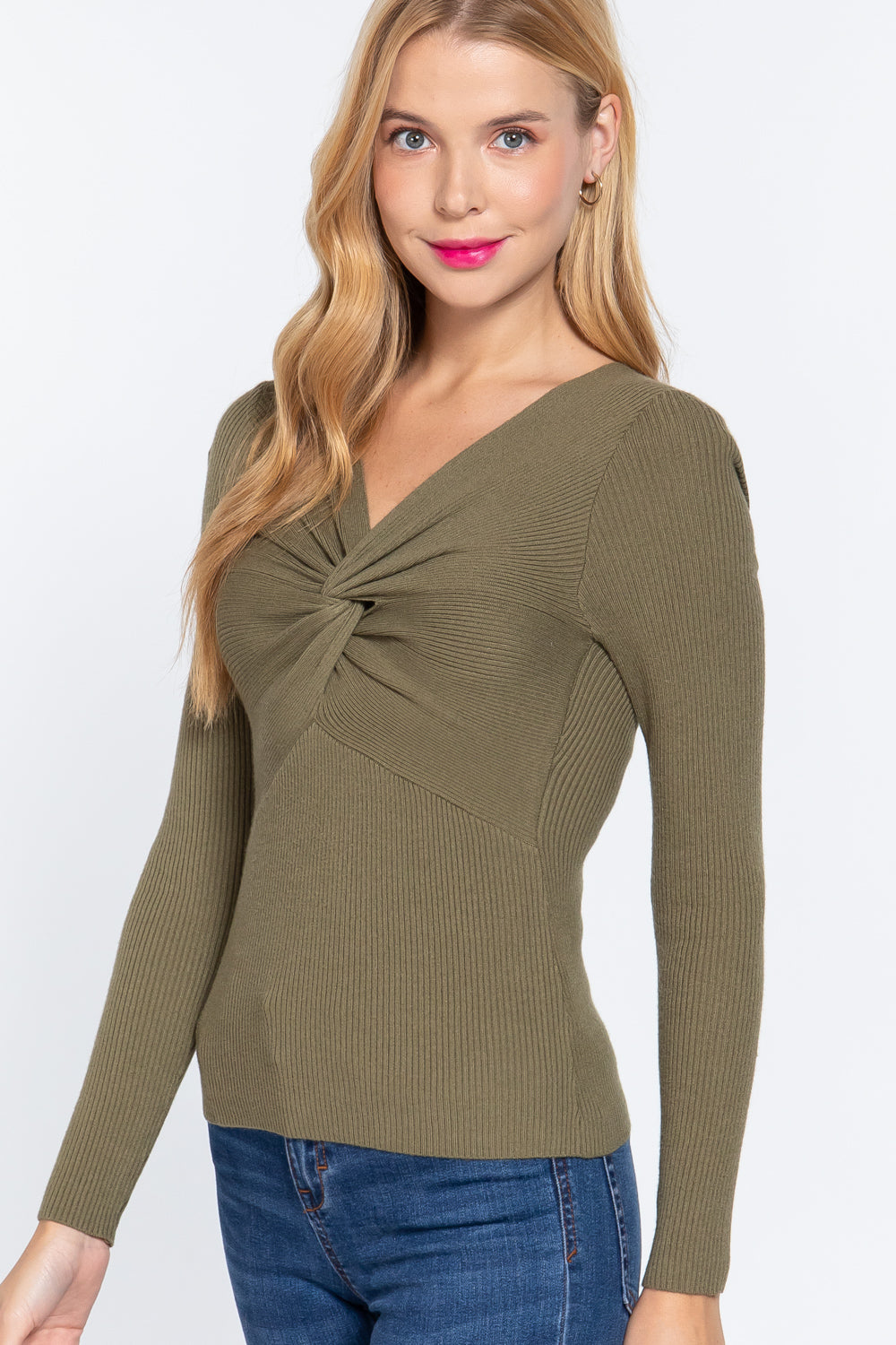 Long Slv V-neck Knotted Sweater