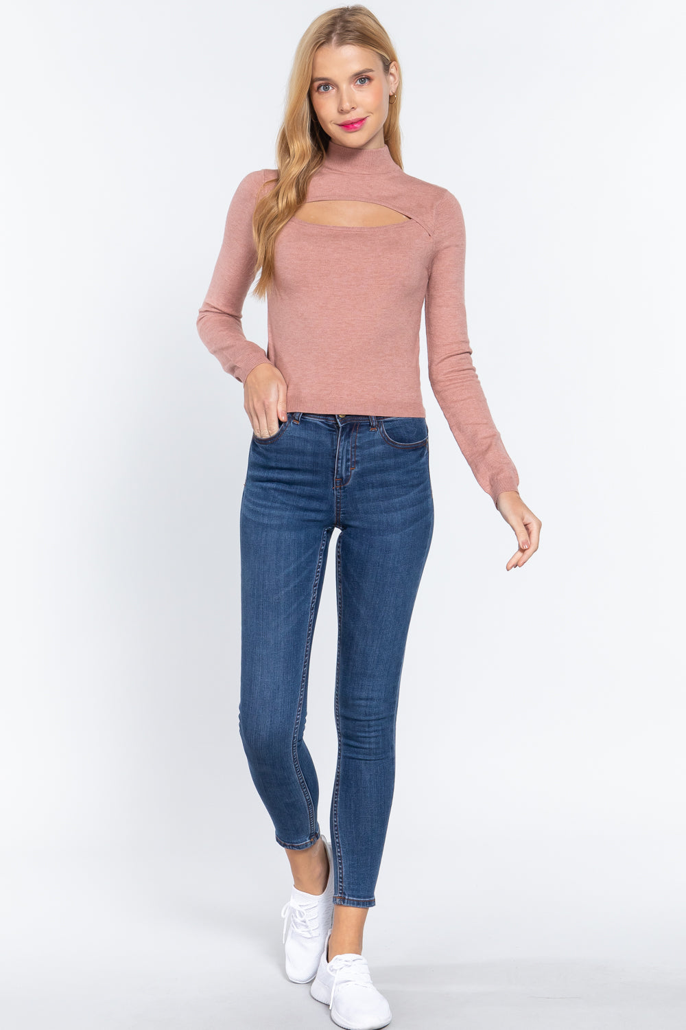 Long Slv Mock Neck Keyhole Sweater