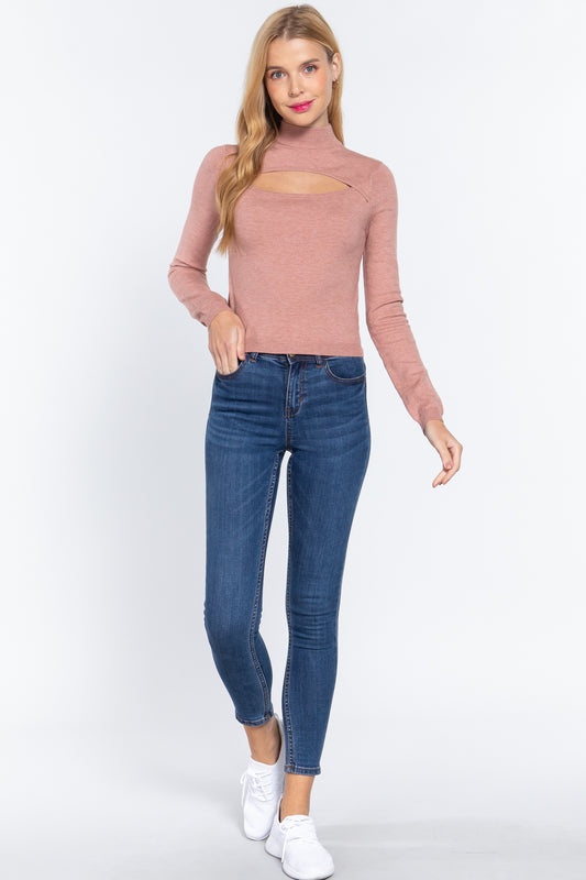 Long Slv Mock Neck Keyhole Sweater