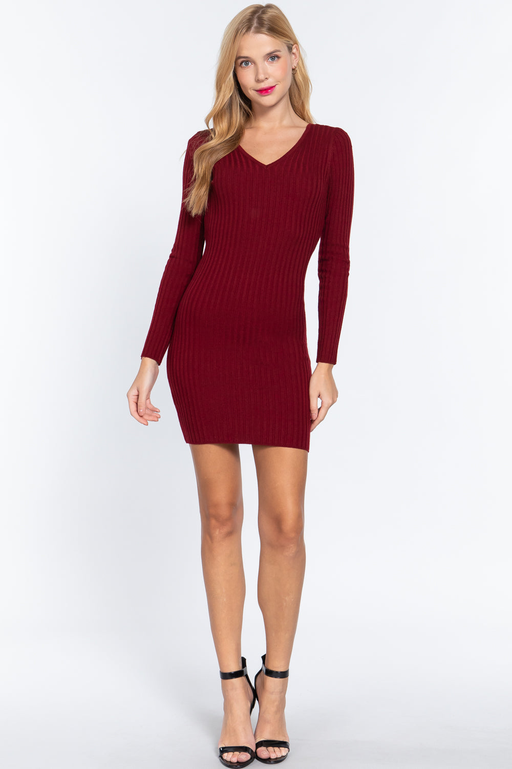 Long Slv V-neck Sweater Mini Dress