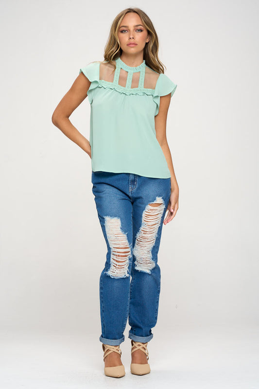 Lace Yoke Mock Neck Top