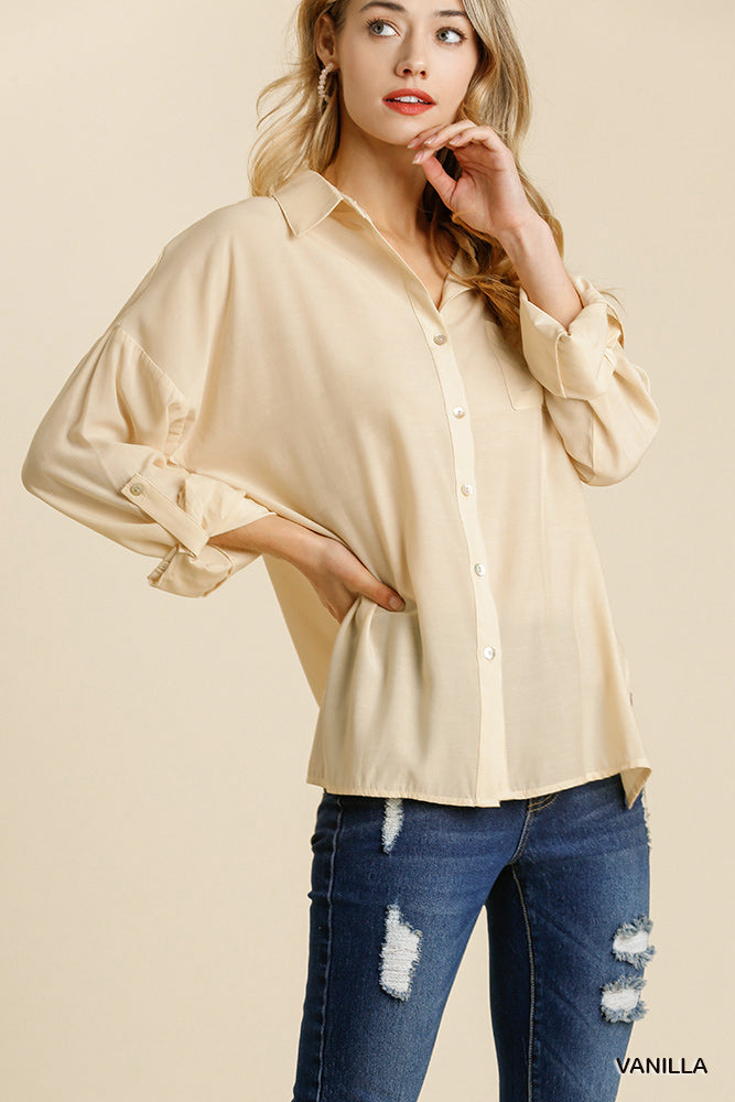 Button Down Collar Chest Pocket Side Slits Shirt With Button Tab Sleeves And High Low Hem