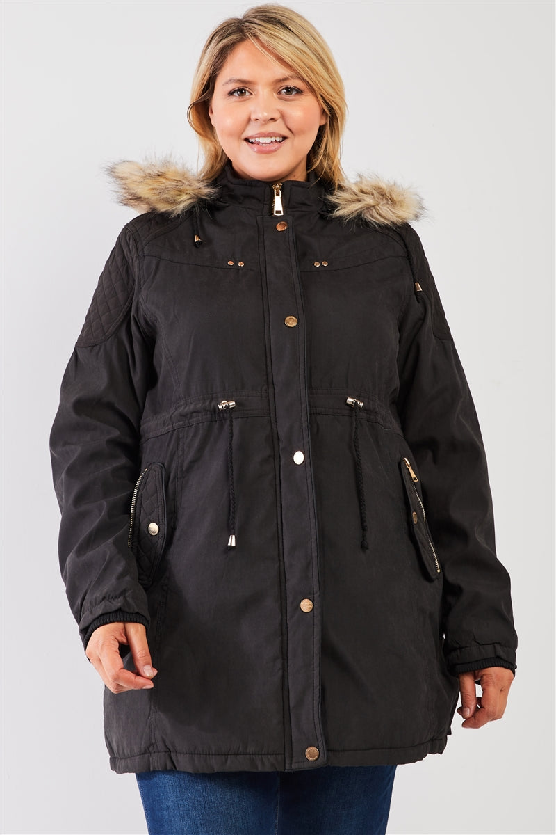 Plus Size Quilted Detail Vegan Fur Cotton Twill Parka Jacket