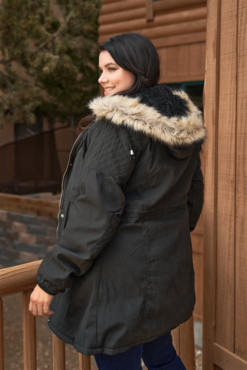 Plus Size Quilted Detail Vegan Fur Cotton Twill Parka Jacket