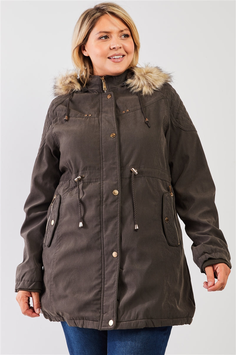 Plus Size Quilted Detail Vegan Fur Cotton Twill Parka Jacket