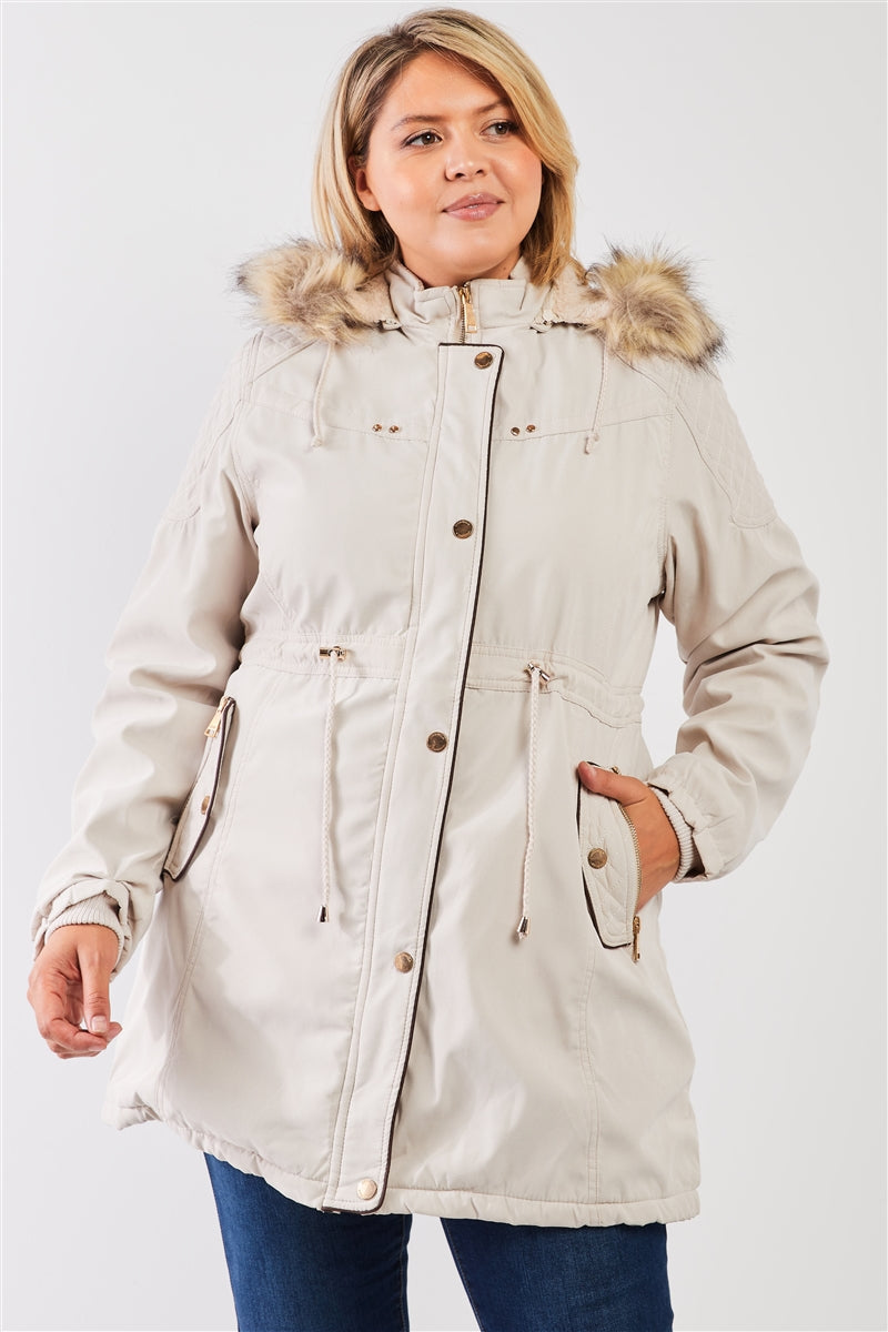 Plus Size Quilted Detail Vegan Fur Cotton Twill Parka Jacket