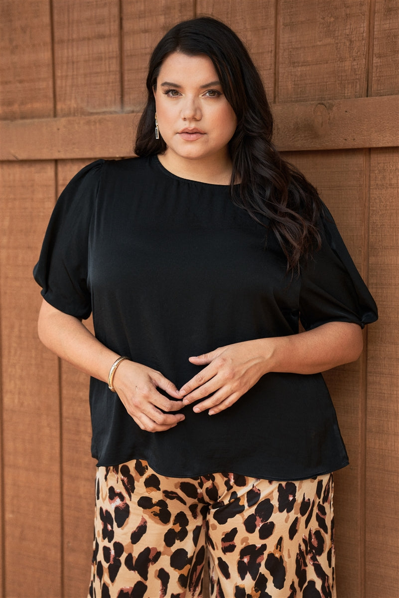 Plus Black Satin Round Neck Short Sleeve Loose Fit Top