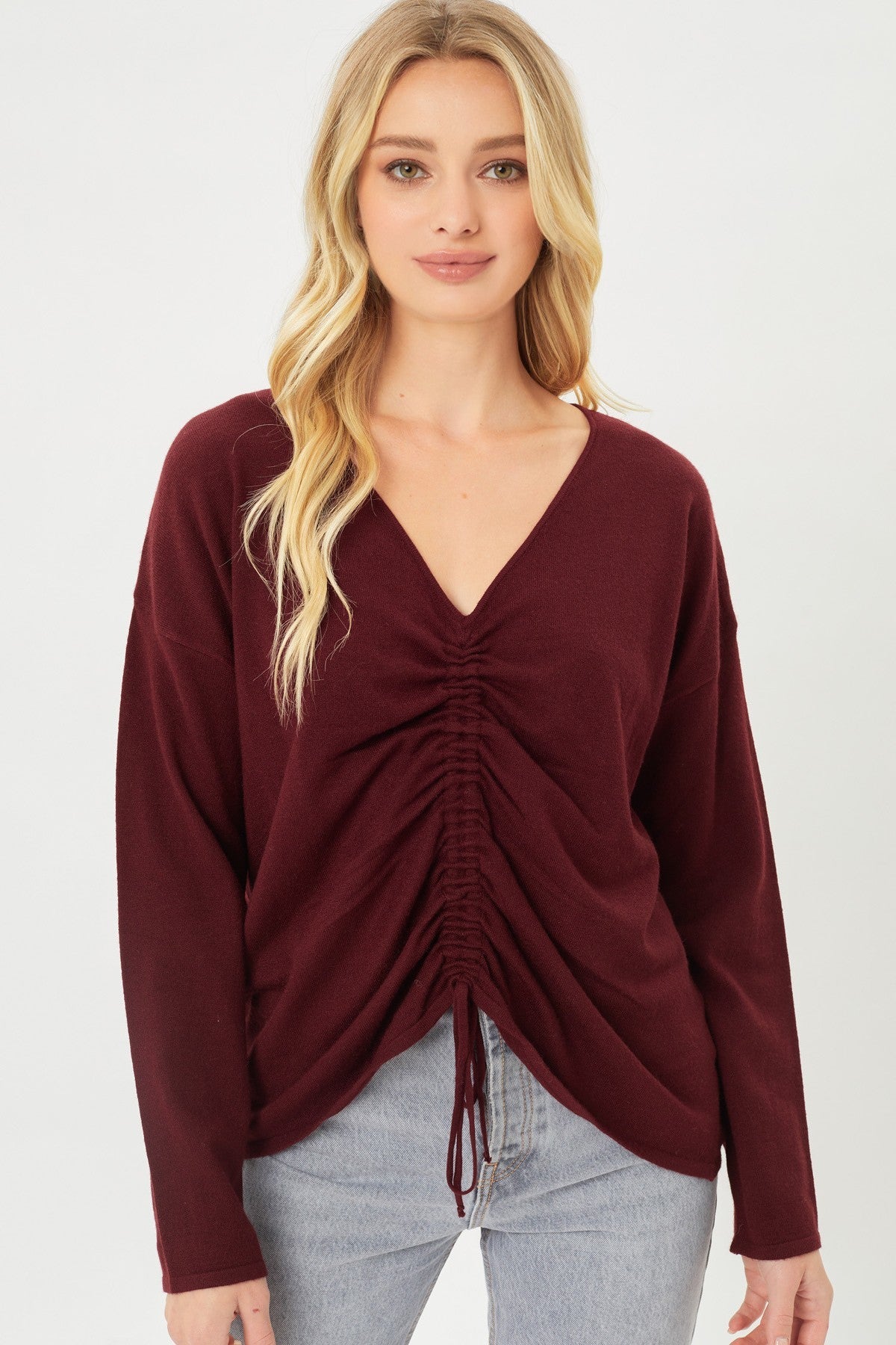 A V-neckline Drawstring Ruched Top