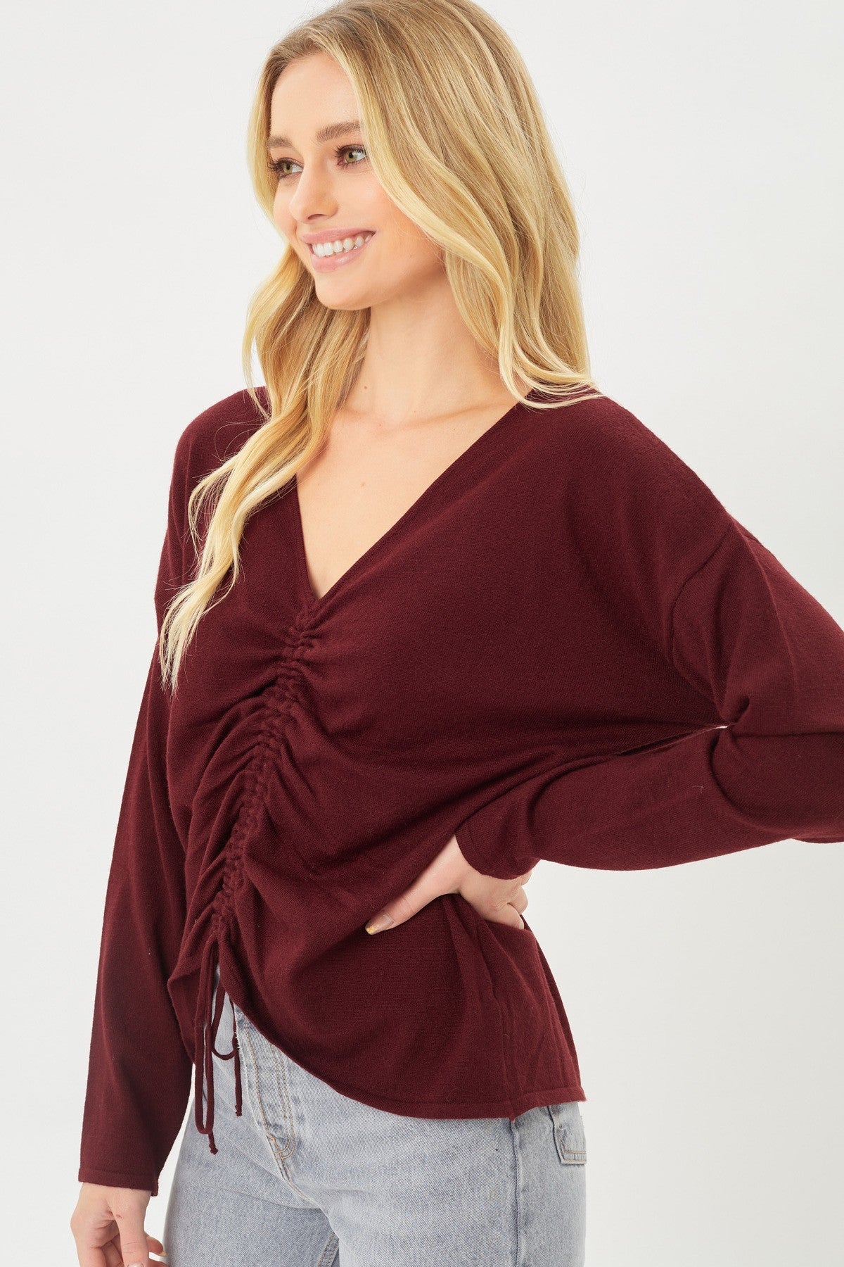 A V-neckline Drawstring Ruched Top