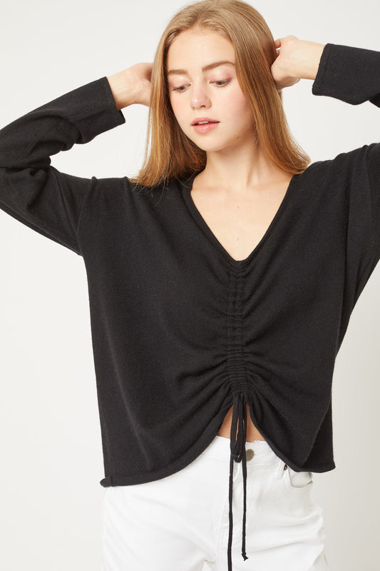 A V-neckline Drawstring Ruched Top