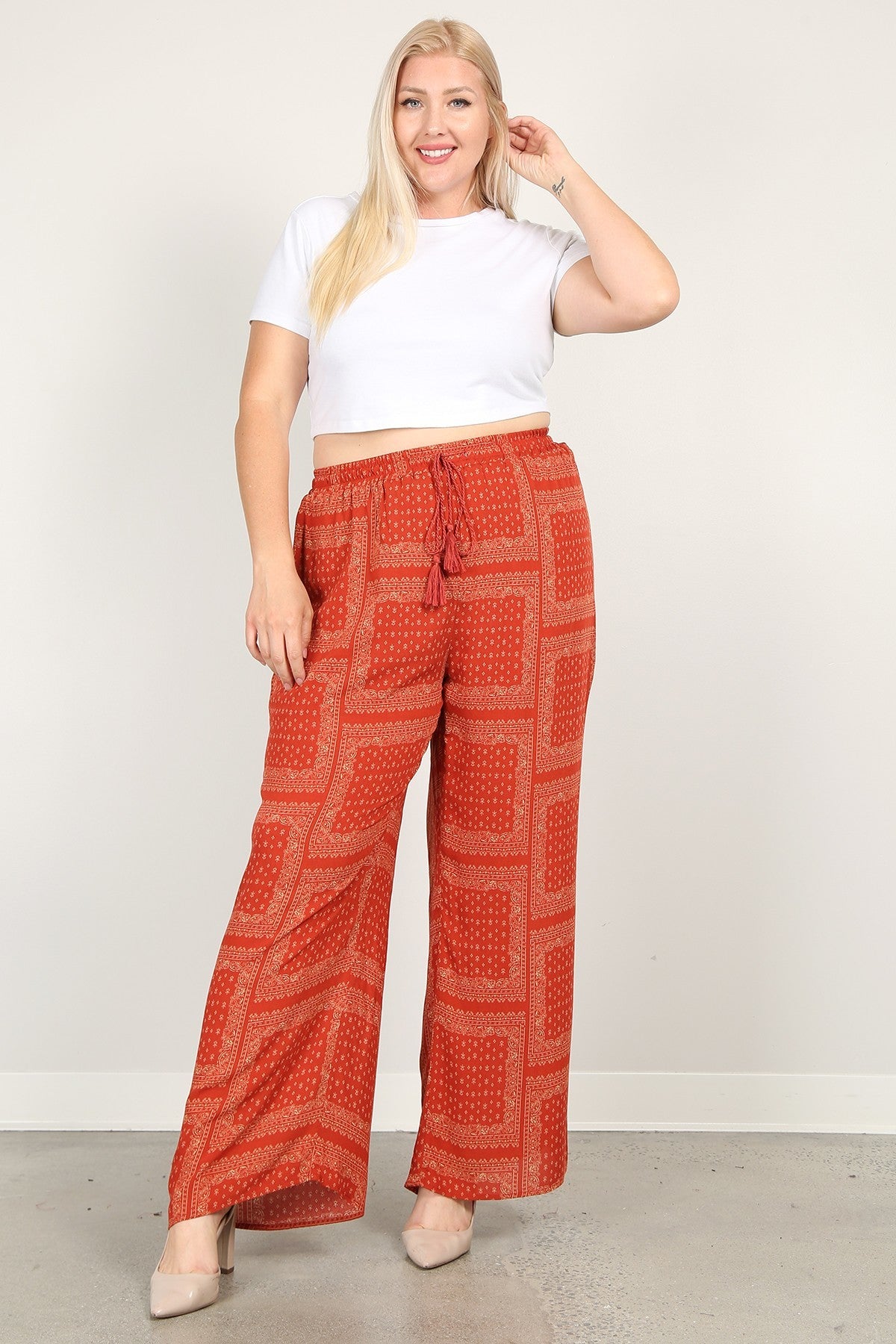 Bandanna Printed, Full Length Wide Leg Palazzo Pants