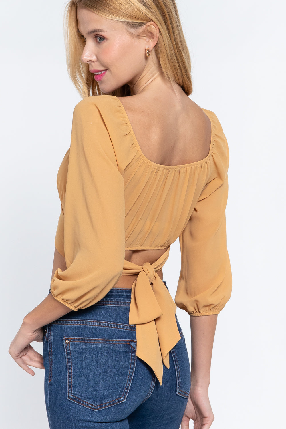 3/4 Slv Crop Woven Top