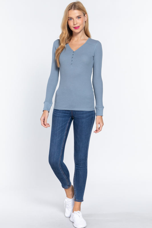Long Slv V-neck Placket Thermal Top