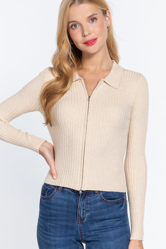 Notched Collar Zippered Sweater