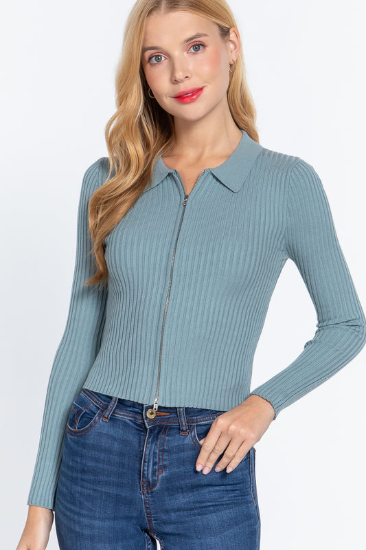 Notched Collar Zippered Sweater