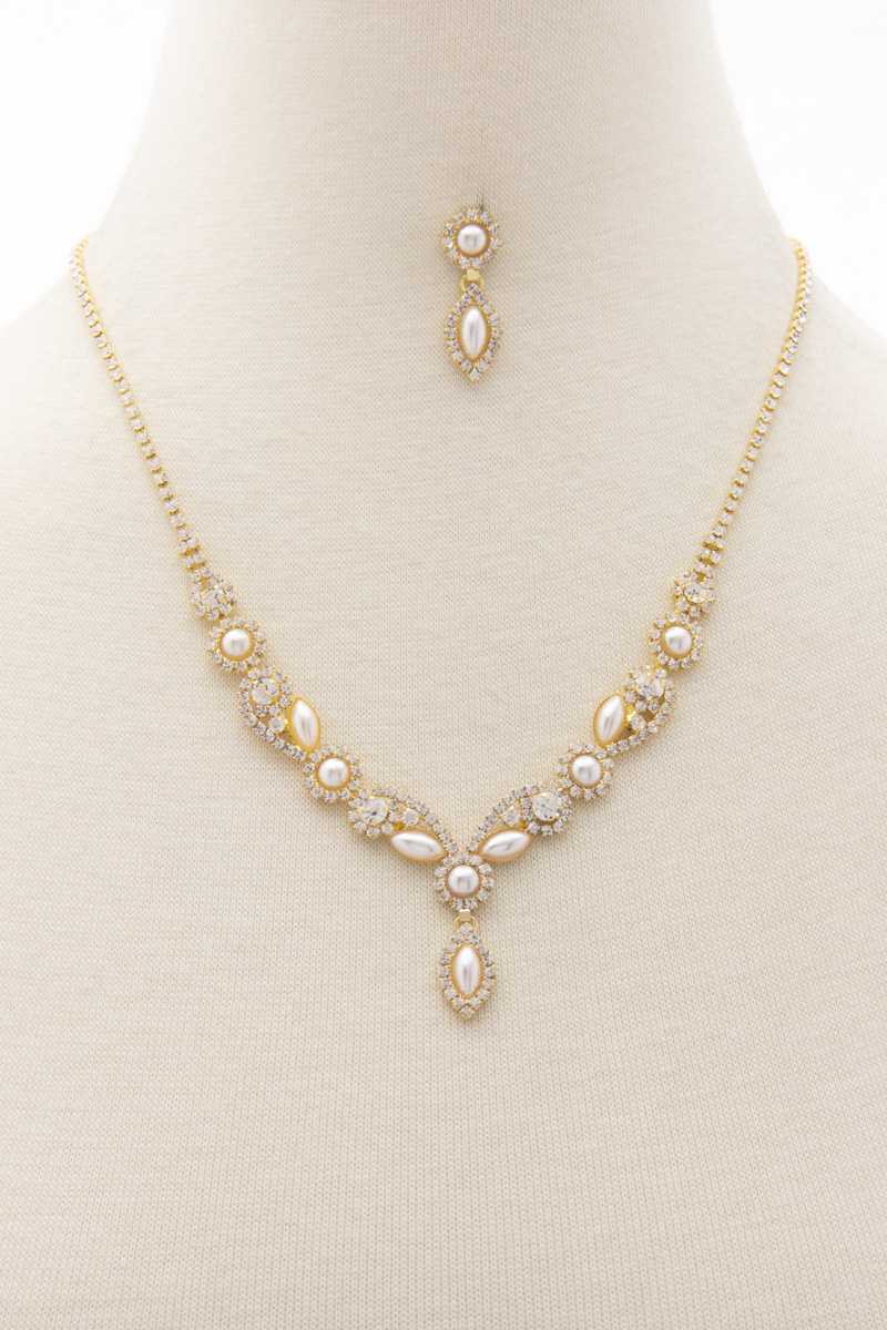 Pearl Rhinestone Marquise Shape Necklace