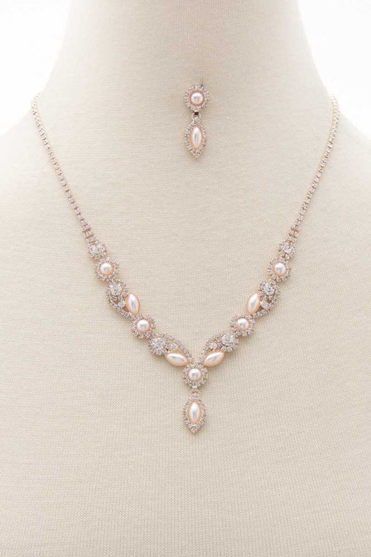 Pearl Rhinestone Marquise Shape Necklace
