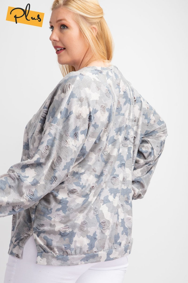 Plus Size Long Sleeve Distressed Printed Rayon Pullover Top