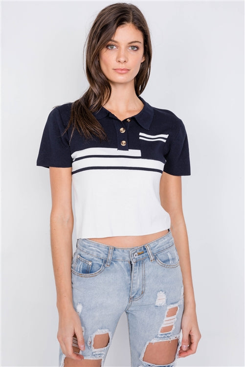 Navy & White Color Block Crop Polo Short Sleeve T-shirt