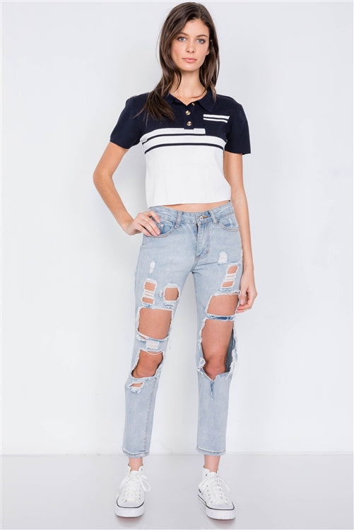 Navy & White Color Block Crop Polo Short Sleeve T-shirt