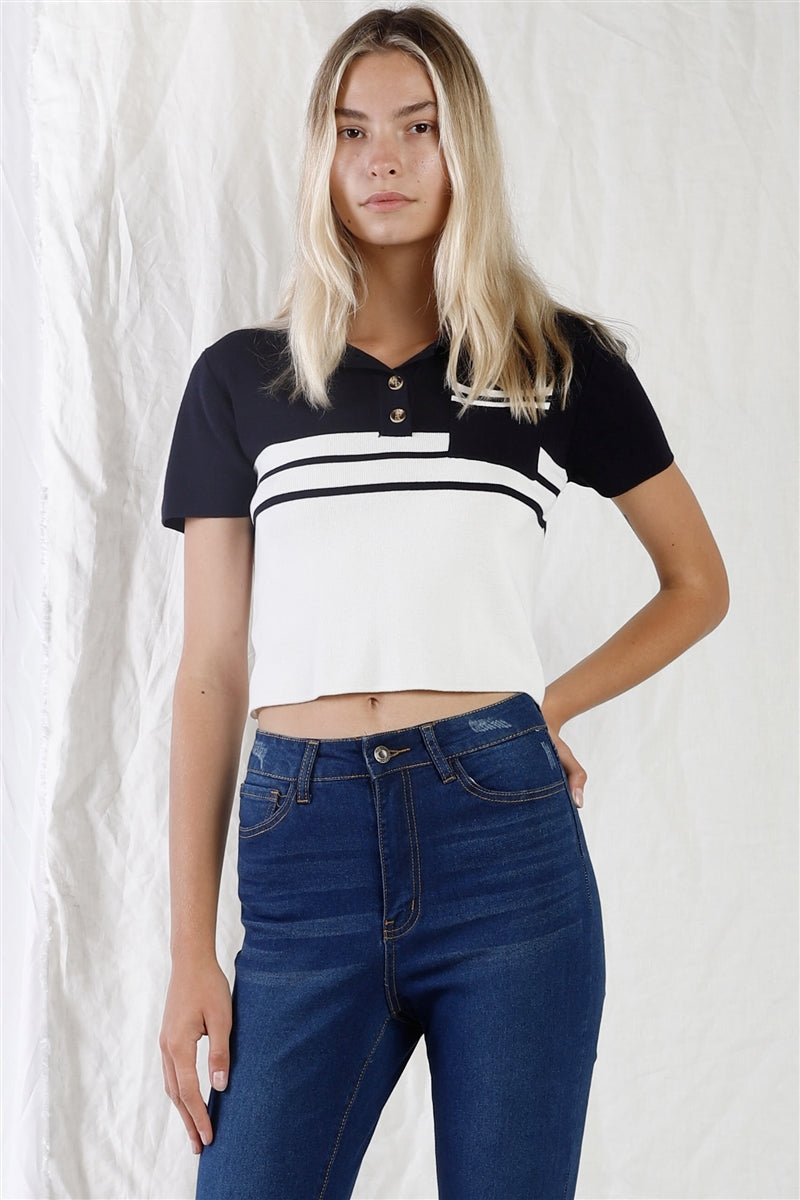 Navy & White Color Block Crop Polo Short Sleeve T-shirt