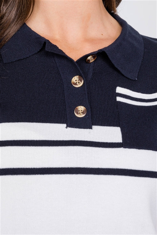 Navy & White Color Block Crop Polo Short Sleeve T-shirt