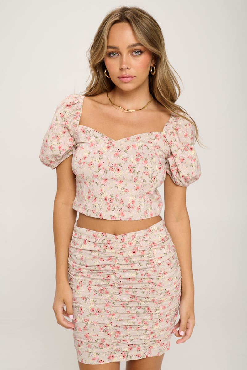 Floral Crop Top And Shirred Skirt Set