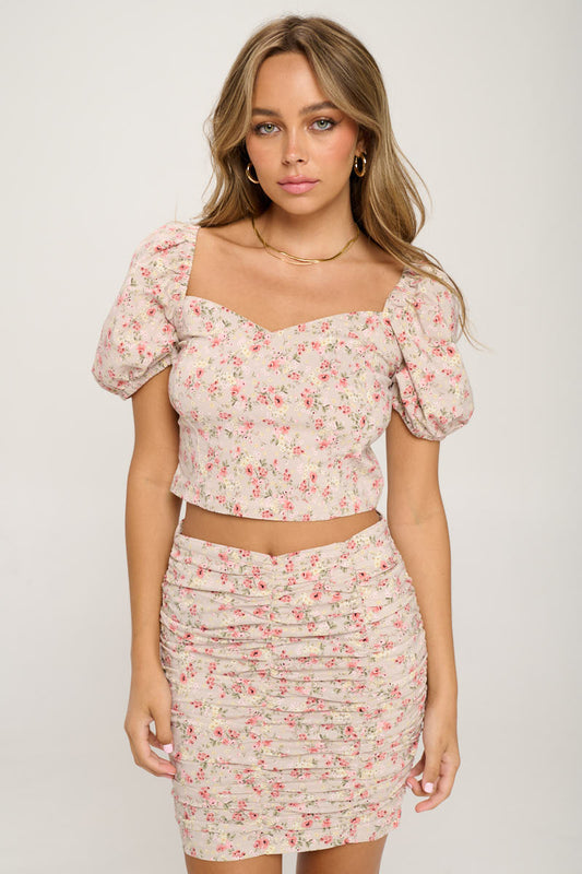 Floral Crop Top And Shirred Skirt Set